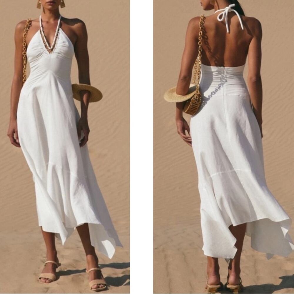 CULT GAIA Constance Halterneck Gold Hardware Linen Asymmetric Midi Dress Sz L